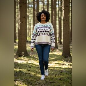 BloomChic Neutral Sweater with Pops of Teal